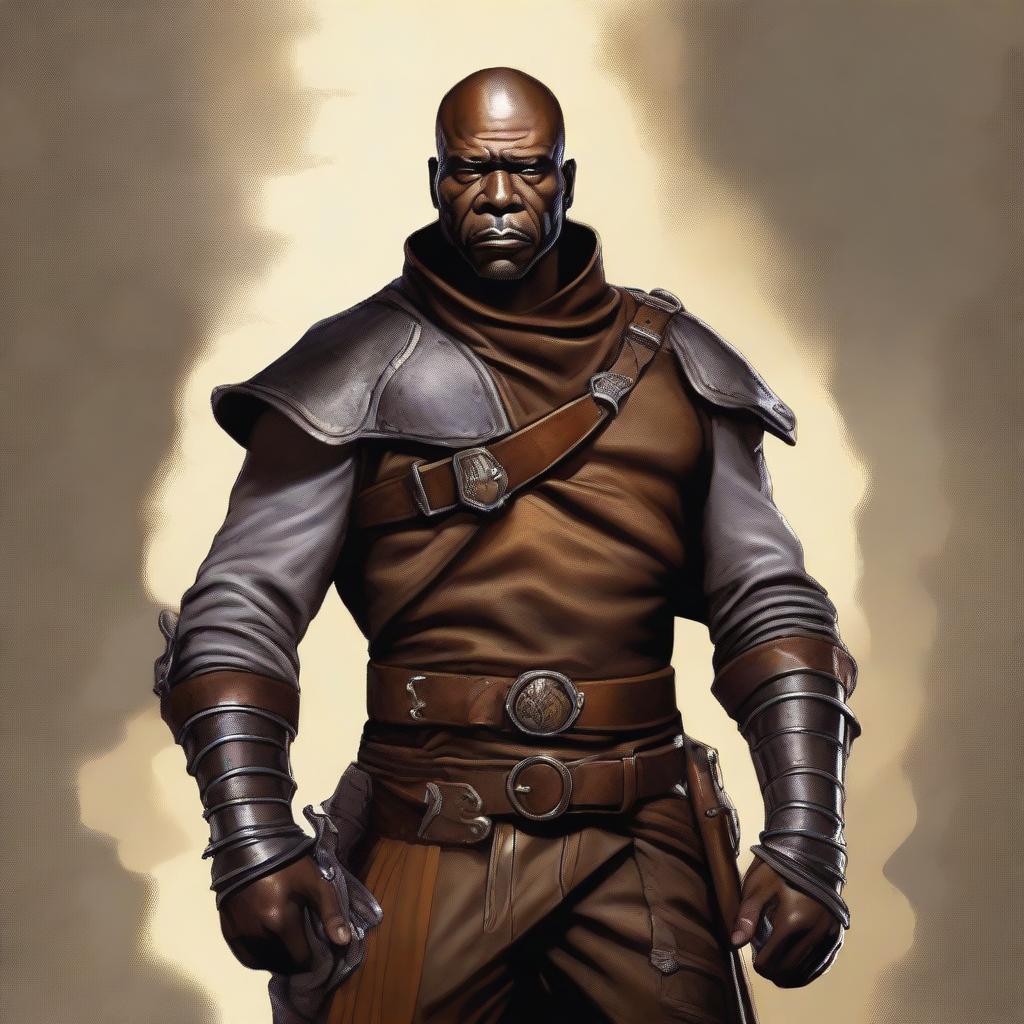 A middle-aged African American male bandit gang leader in a fantasy art style