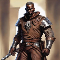 A middle-aged African American male bandit gang leader in a fantasy art style