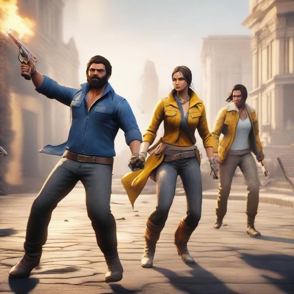 A dynamic and action-packed scene from the game Free Fire, showcasing intense gameplay with characters engaging in strategic combat