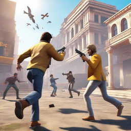 A dynamic and action-packed scene from the game Free Fire, showcasing intense gameplay with characters engaging in strategic combat