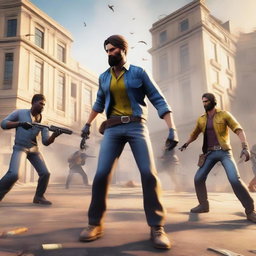 A dynamic and action-packed scene from the game Free Fire, showcasing intense gameplay with characters engaging in strategic combat