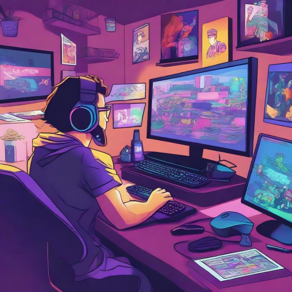 A vivid and energetic illustration of a gamer intensely focused on playing a video game