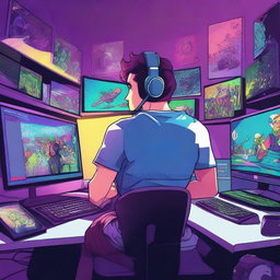 A vivid and energetic illustration of a gamer intensely focused on playing a video game