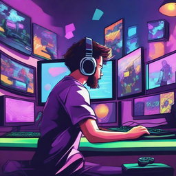 A vivid and energetic illustration of a gamer intensely focused on playing a video game