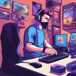 A vivid and energetic illustration of a gamer intensely focused on playing a video game