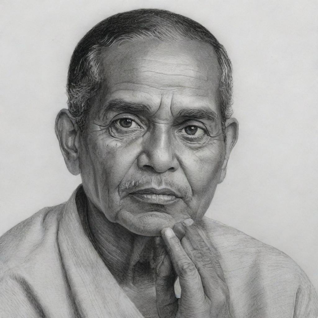 An intricate pencil sketch portraying the individual who named 'Kumuditha Niyomal Dissanayake', captured in a thoughtful pose exuding warmth and wisdom.