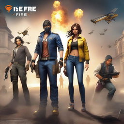 A thrilling and immersive depiction of Garena Free Fire, featuring characters in intense combat scenarios