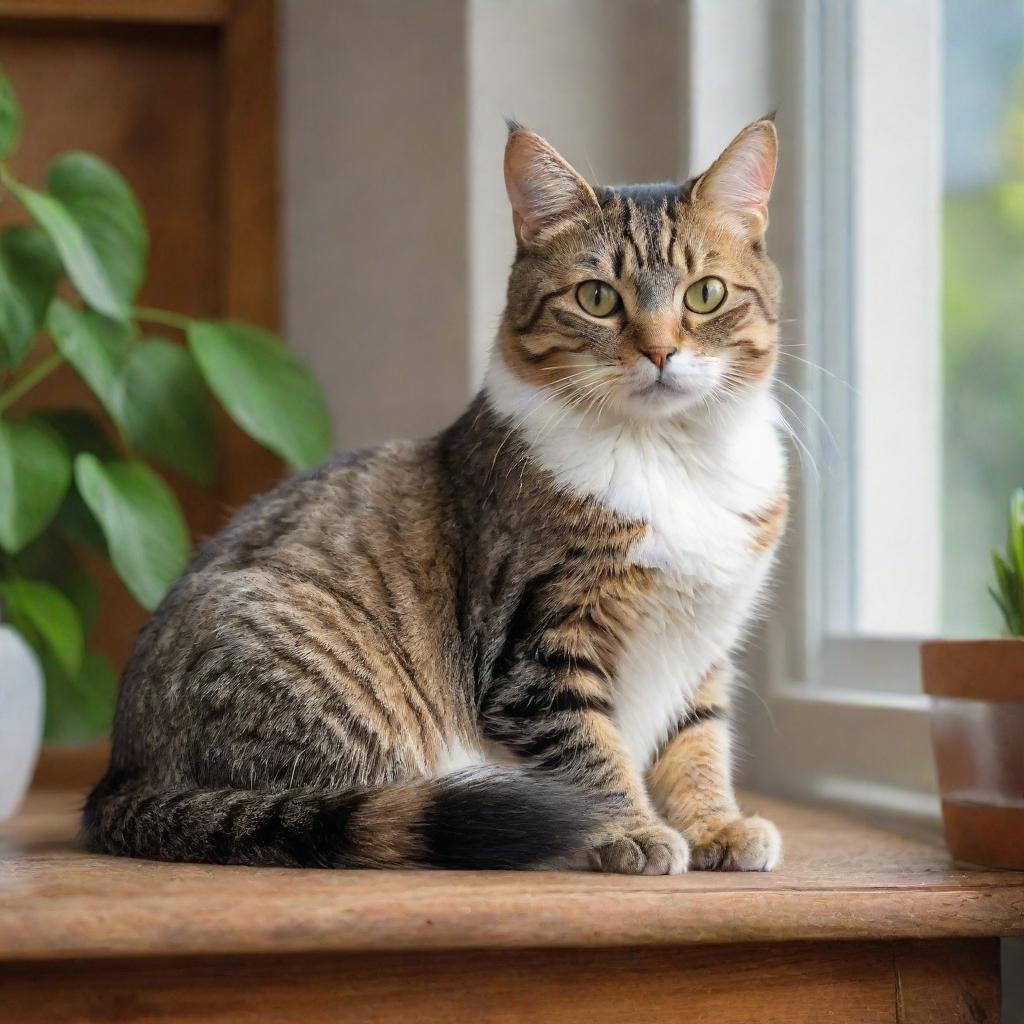 a vividly detailed and beautifully colored picture of a cat in its natural domestic setting