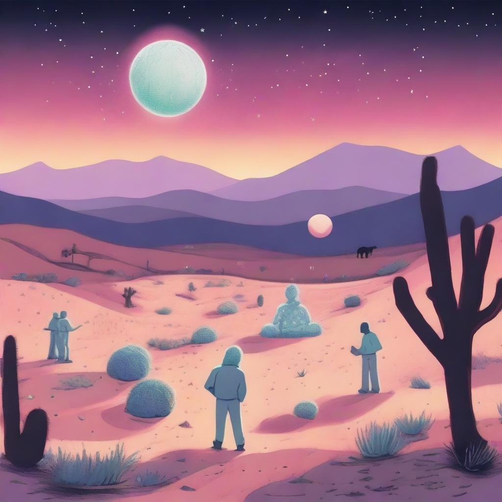 A pastel-colored illustration of an adult desert community in California under a starry sky