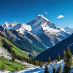 A breathtaking view of a mountain range with snow-capped peaks under a clear blue sky