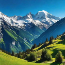 A breathtaking view of a mountain range with snow-capped peaks under a clear blue sky