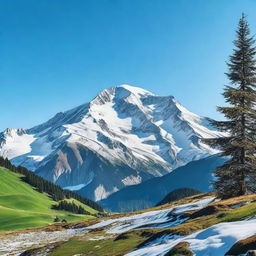 A breathtaking view of a mountain range with snow-capped peaks under a clear blue sky