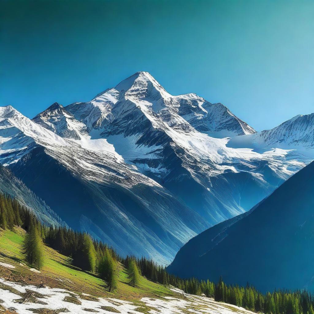 A breathtaking view of a mountain range with snow-capped peaks under a clear blue sky