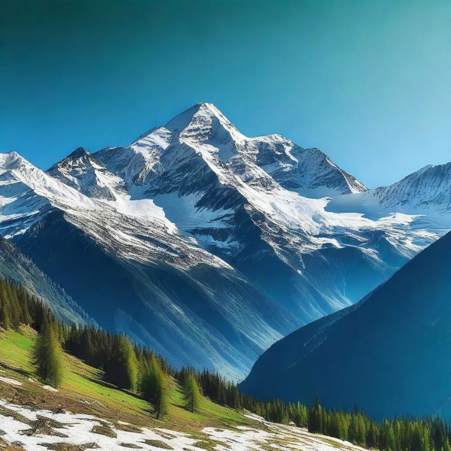 A breathtaking view of a mountain range with snow-capped peaks under a clear blue sky