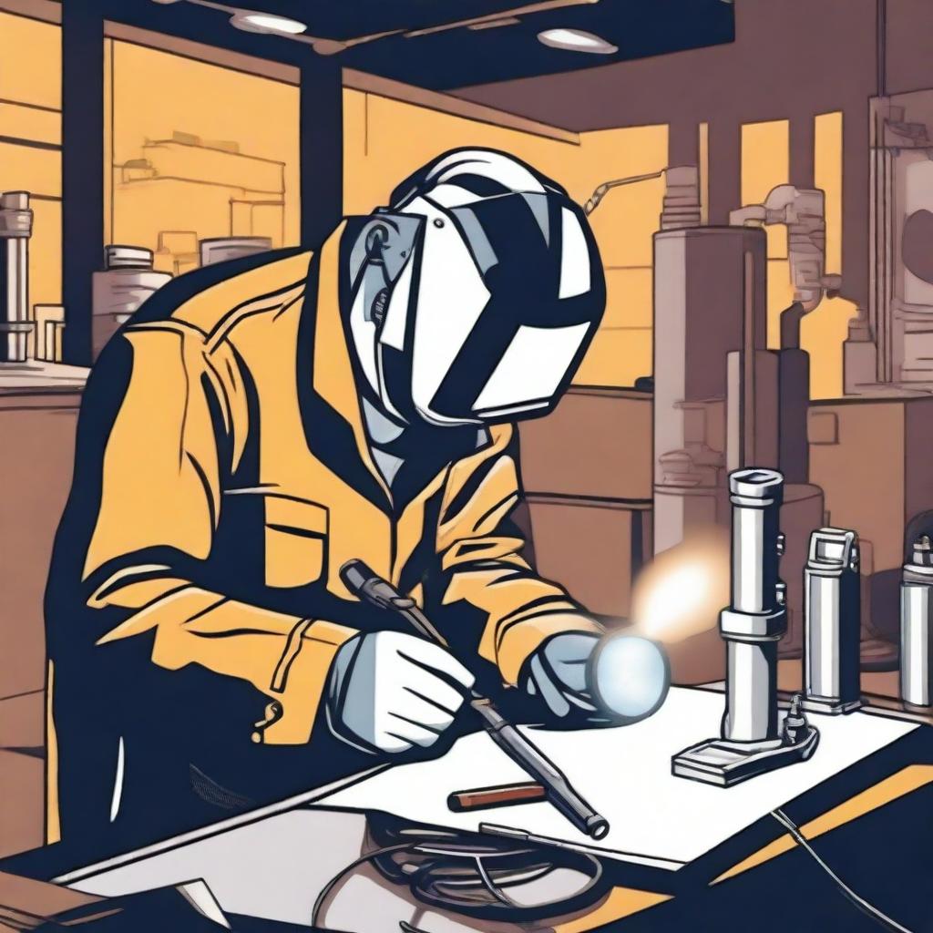 A detailed illustration of a welding inspector at work