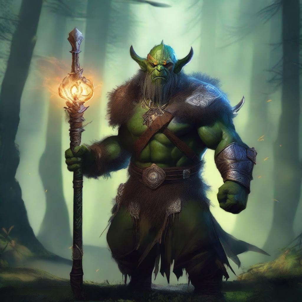 A powerful orc cleric of Ashukharma, adorned in ceremonial armor and wielding a mystical staff