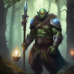 A powerful orc cleric of Ashukharma, adorned in ceremonial armor and wielding a mystical staff