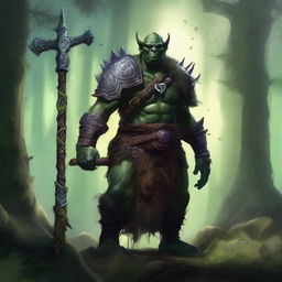 A powerful orc cleric of Ashukharma, adorned in ceremonial armor and wielding a mystical staff