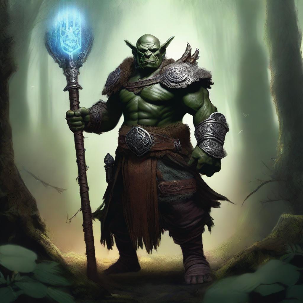 A powerful orc cleric of Ashukharma, adorned in ceremonial armor and wielding a mystical staff