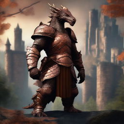 A majestic copper-colored dragonborn standing proudly in a fantasy landscape