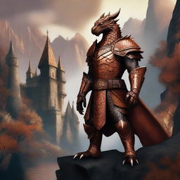 A majestic copper-colored dragonborn standing proudly in a fantasy landscape