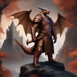 A majestic copper-colored dragonborn standing proudly in a fantasy landscape