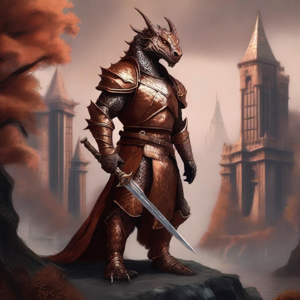 A majestic copper-colored dragonborn standing proudly in a fantasy landscape