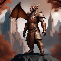 A majestic copper-colored dragonborn standing proudly in a fantasy landscape