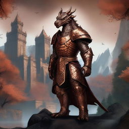 A majestic copper-colored dragonborn standing proudly in a fantasy landscape