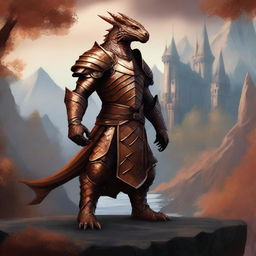 A majestic copper-colored dragonborn standing proudly in a fantasy landscape