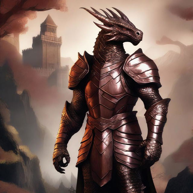 A majestic copper-colored dragonborn standing proudly in a fantasy landscape