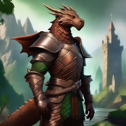 A majestic copper-colored dragonborn standing proudly in a fantasy landscape