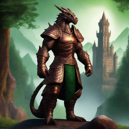 A majestic copper-colored dragonborn standing proudly in a fantasy landscape