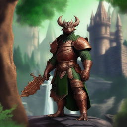 A majestic copper-colored dragonborn standing proudly in a fantasy landscape