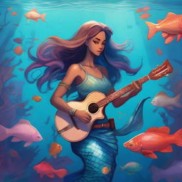 A detailed illustration of a female merfolk bard assassin