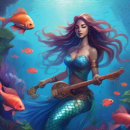 A detailed illustration of a female merfolk bard assassin