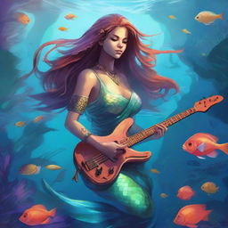 A detailed illustration of a female merfolk bard assassin