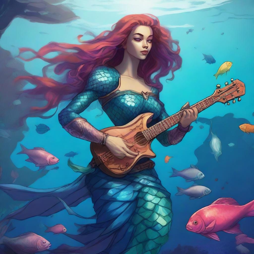 A detailed illustration of a medieval female merfolk bard assassin