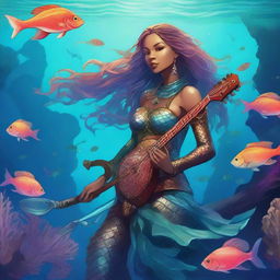 A detailed illustration of a medieval female merfolk bard assassin