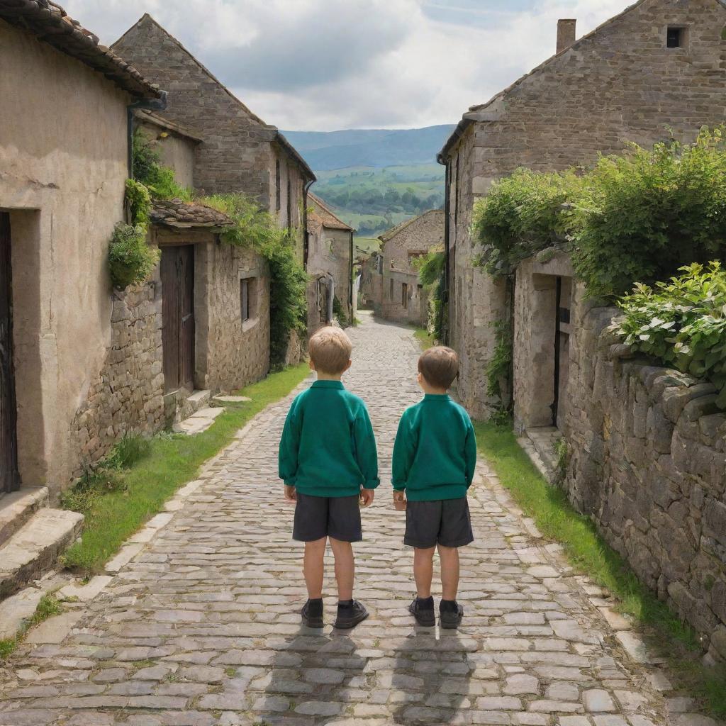 Two young boys standing in the heart of an idyllic old village, with traditional houses, cobblestone paths, and vibrant greens surrounding them.