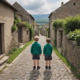 Two young boys standing in the heart of an idyllic old village, with traditional houses, cobblestone paths, and vibrant greens surrounding them.