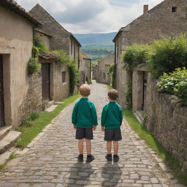 Two young boys standing in the heart of an idyllic old village, with traditional houses, cobblestone paths, and vibrant greens surrounding them.