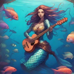 A detailed illustration of a medieval female merfolk bard assassin