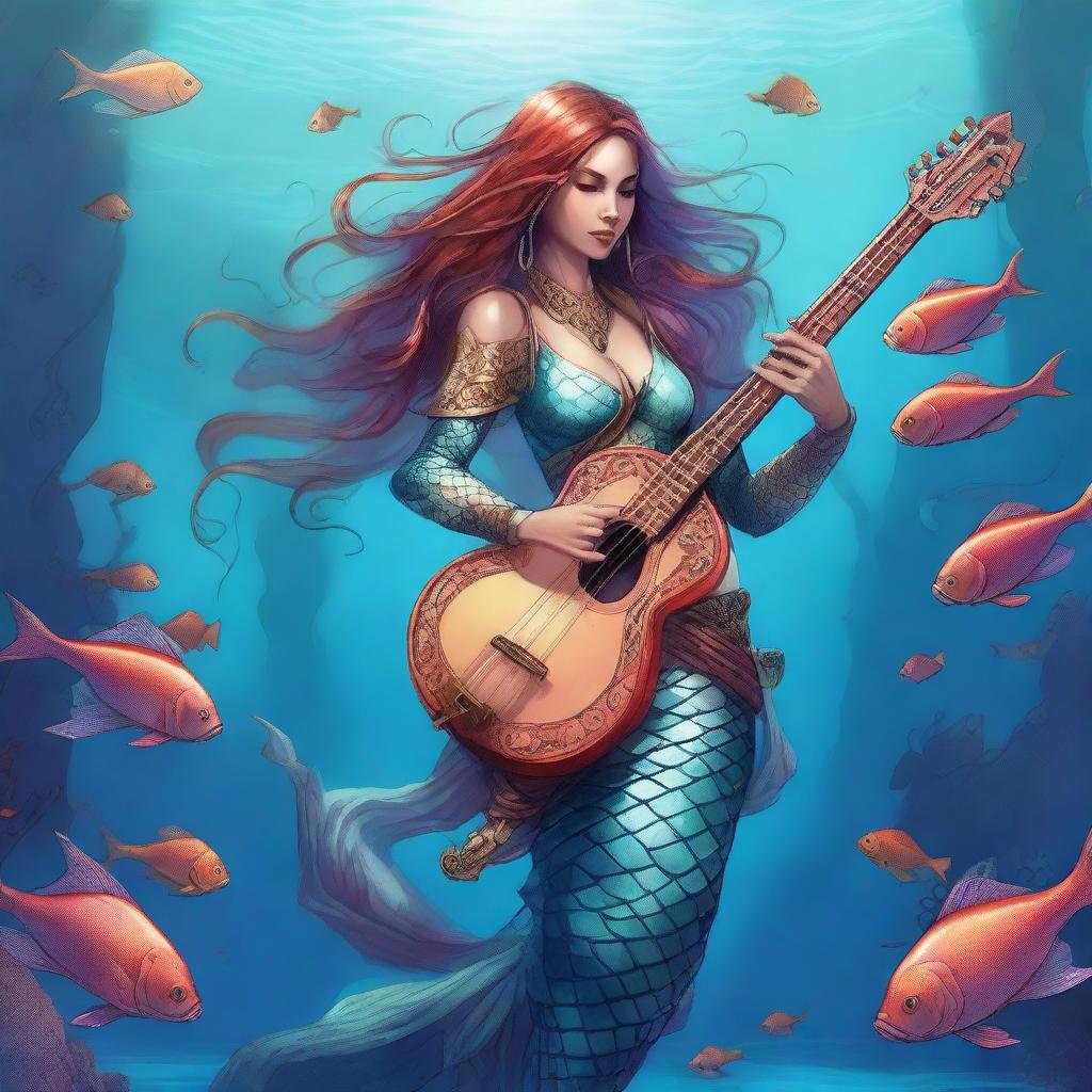 A detailed illustration of a medieval female merfolk bard assassin