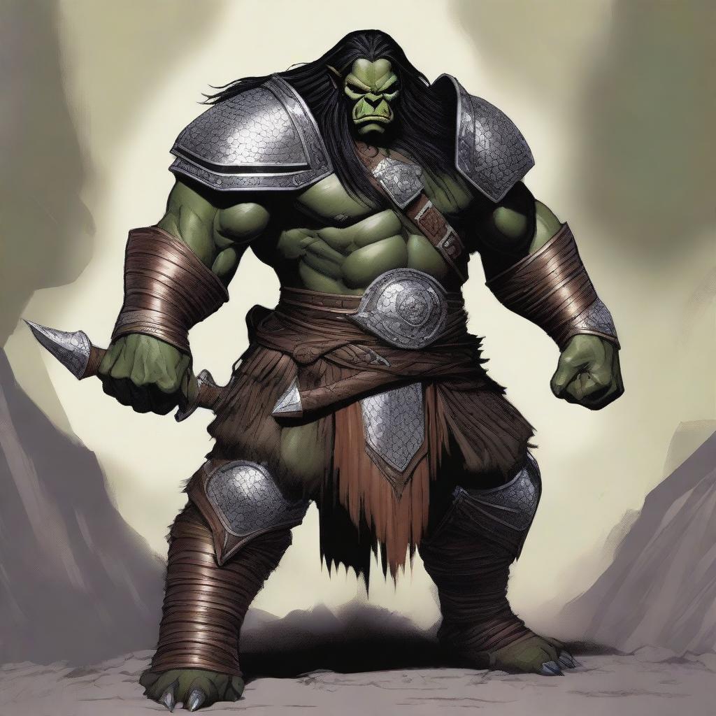 A large male orc from the Eberron universe, depicted as a fierce barbarian with long black hair