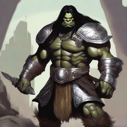 A large male orc from the Eberron universe, depicted as a fierce barbarian with long black hair