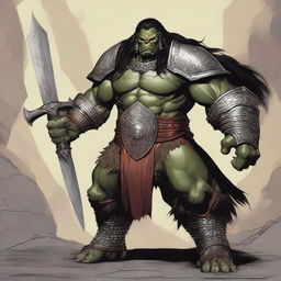 A large male orc from the Eberron universe, depicted as a fierce barbarian with long black hair