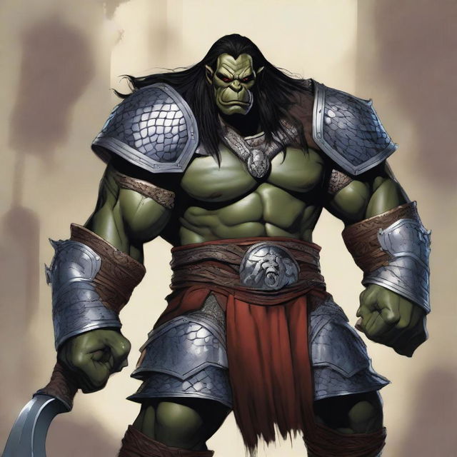 A large male orc from the Eberron universe, depicted as a fierce barbarian with long black hair