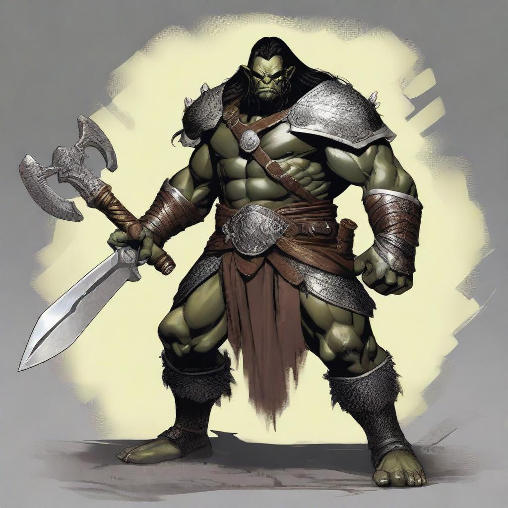 A large male orc from the Eberron universe, depicted as a fierce barbarian with long black hair