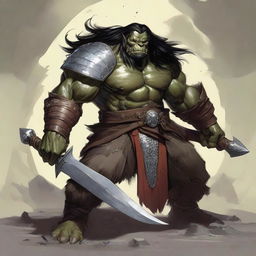 A large male orc from the Eberron universe, depicted as a fierce barbarian with long black hair